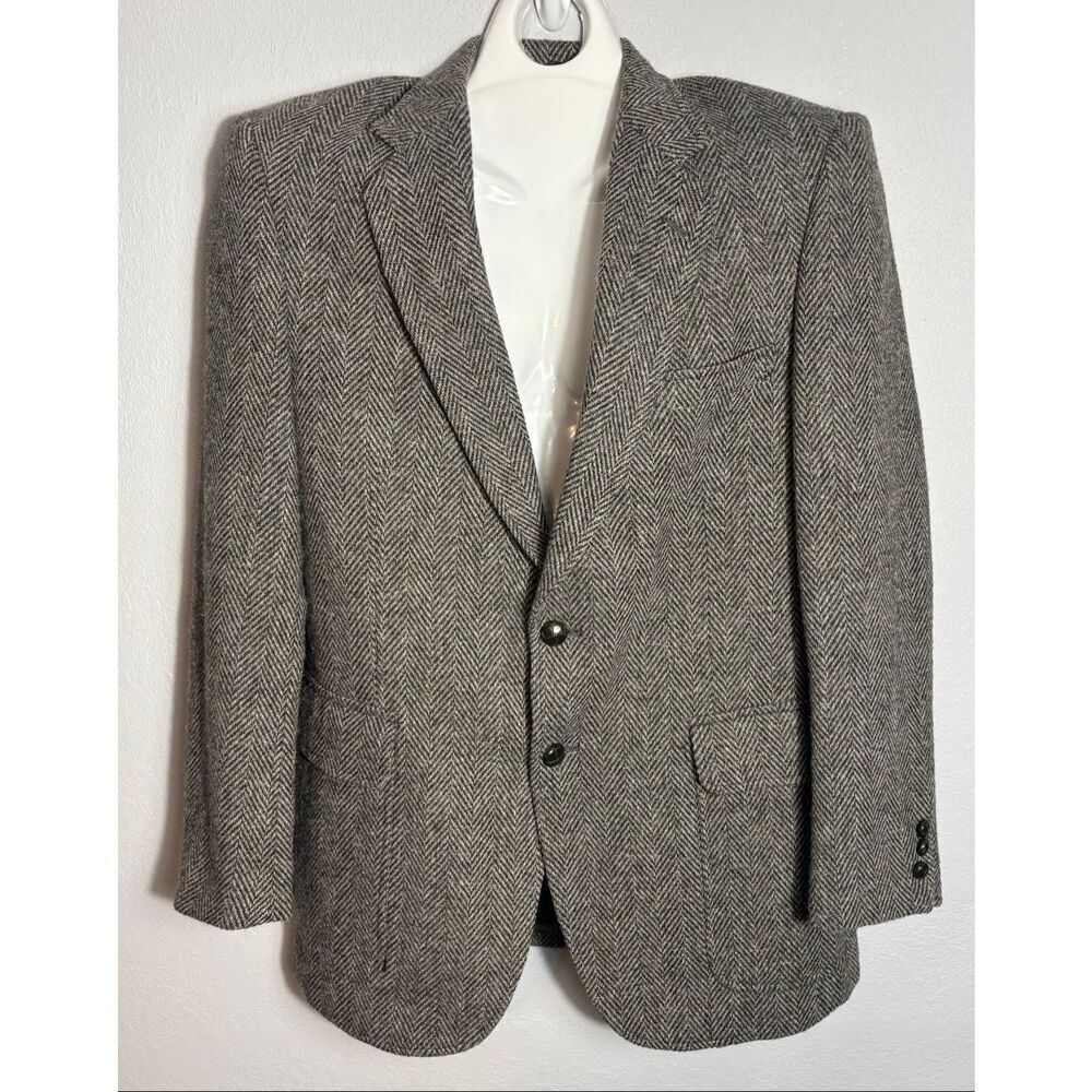 Vintage Saint Andre Wool Herringbone Tweed Blazer Sport Coat 39R Gray Brown/Gray